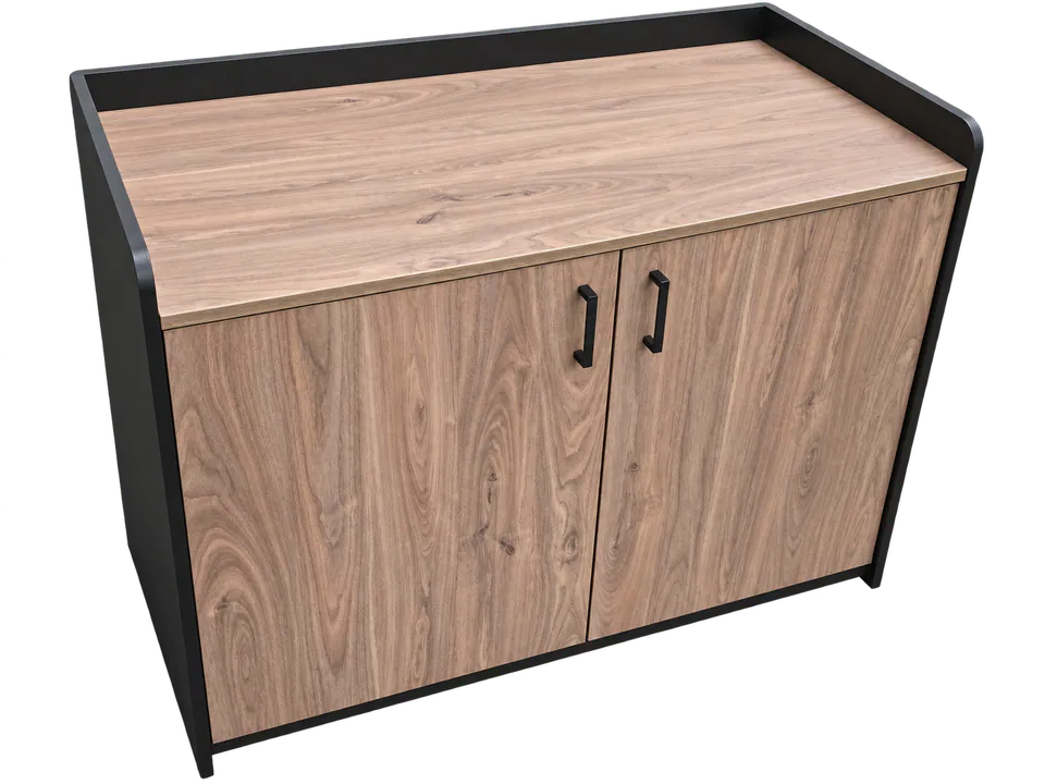 Render of a black two-door cabinet with a timber-look top and doors.