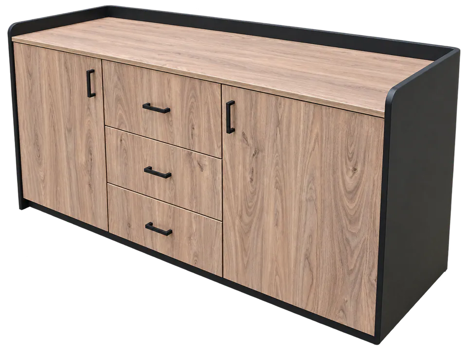 Angled render of a black credenza with timber-look doors and drawers.