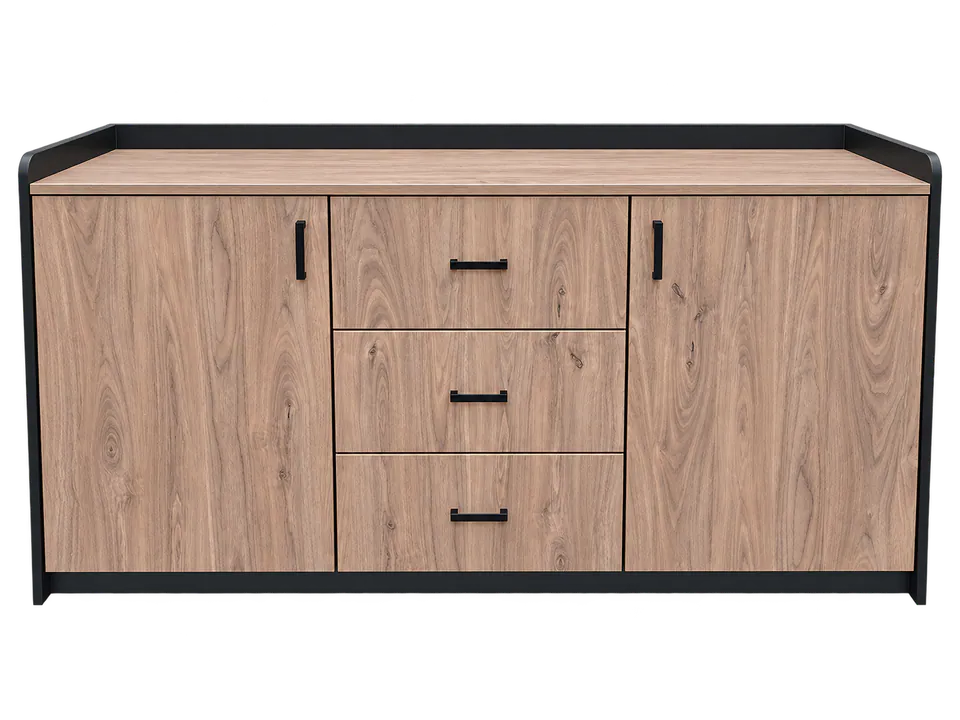 Front render of a black credenza with timber-look doors and three drawers.