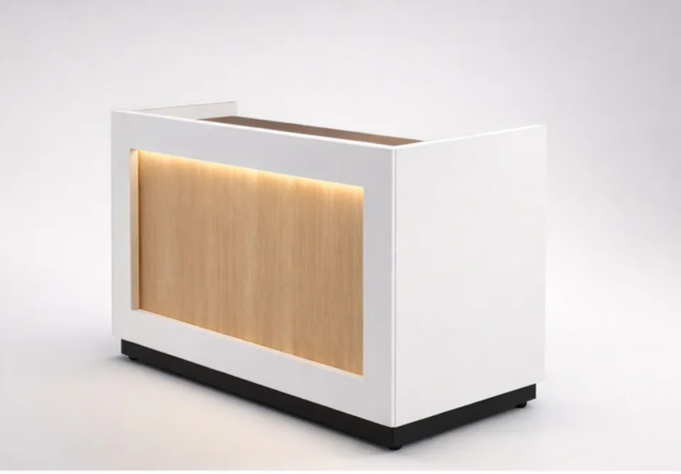 Render of a white DJ booth with a lit timber-look front panel.
