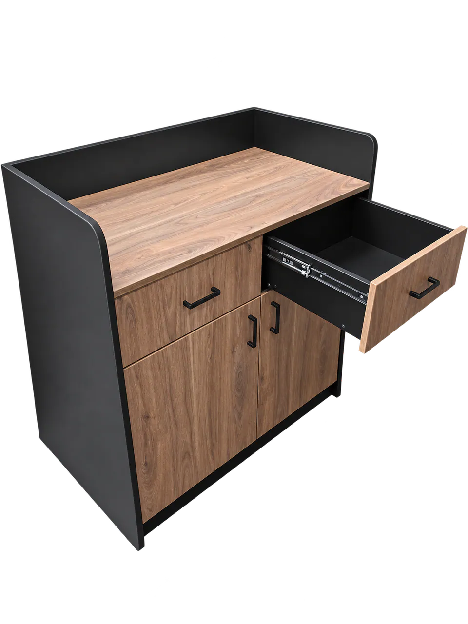 Render of a black cabinet with timber-look doors and a drawer pulled open to show the runners.