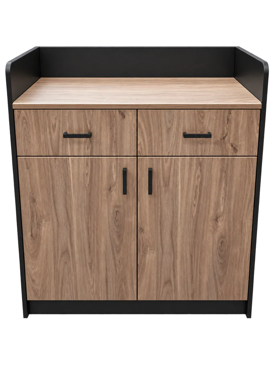 Front render of a black host stand with two drawers, two doors and a timber-look top.